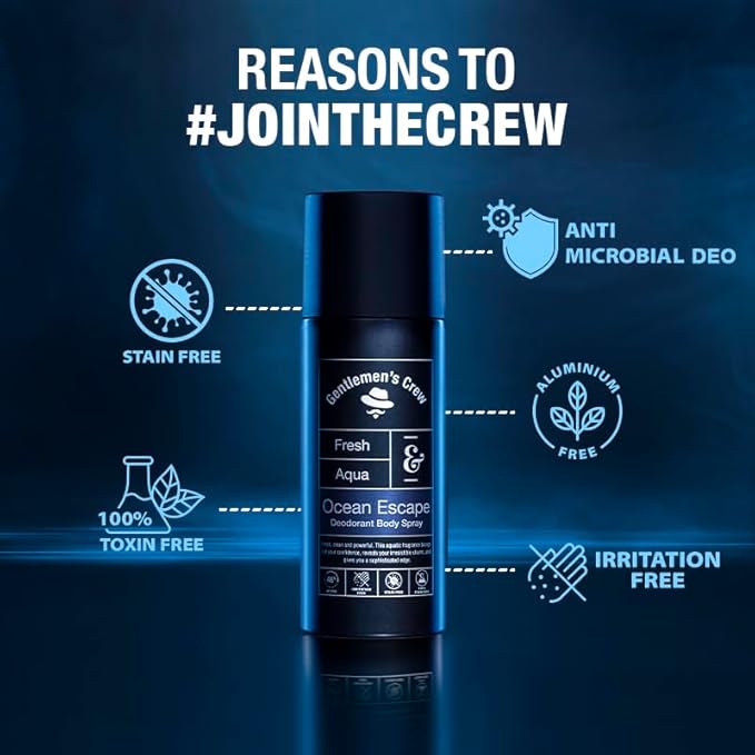 Gentlemen's Crew Ocean Escape Body Spray, 150ml | Pack of 1 | Deodorant for Men | 48 hrs. Freshness | Long Lasting | Anti-Microbial | Irritation & Stain Free